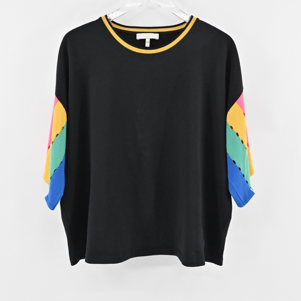 KNITSS‎ Top Womens Size L Didi Knit Black Multicolor Rainbow Stripe Sleeve Shirt